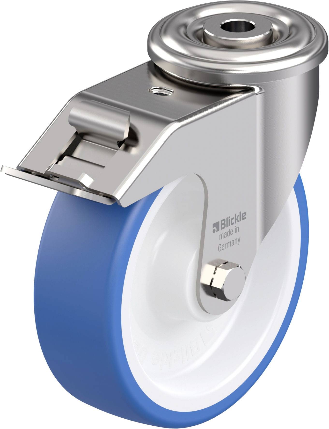 Metallisches Laufrollenrad mit blauer Gummibeschichtung und Lenkhalterung, geeignet für Möbel- oder Transportgeräte.