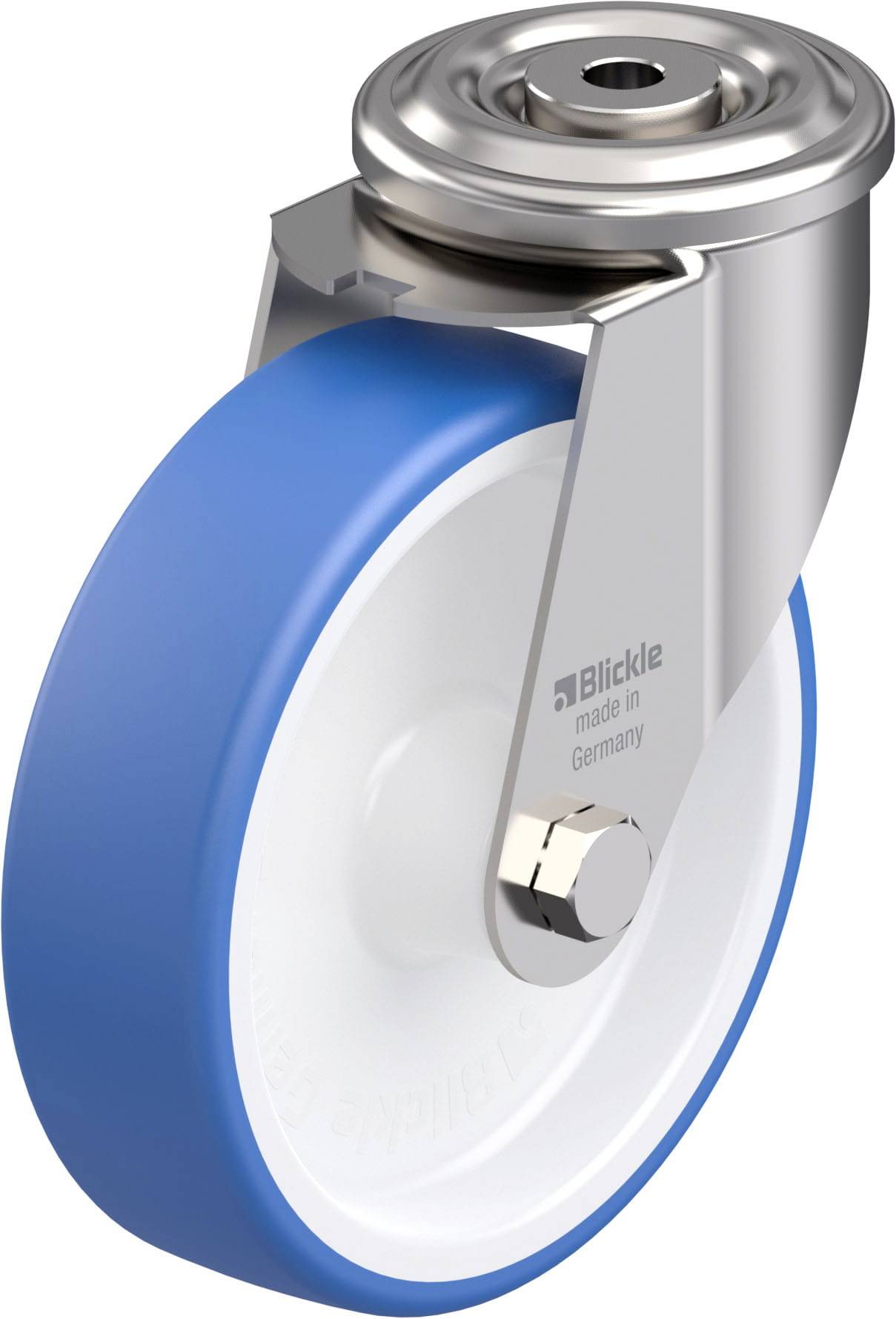 Metallrad mit blauer Gummilauffläche, geeignet für Möbel oder Transportwagen, Markenaufdruck 'Blickle made in Germany'.