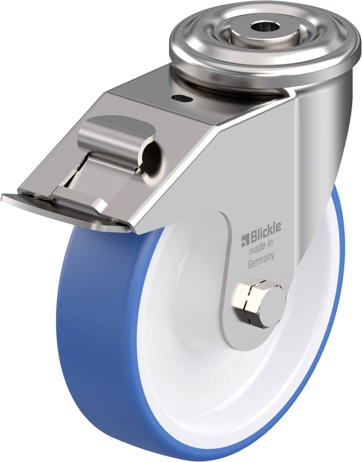 Rolle mit blauer Lauffläche und metallener Halterung, seitlich beschriftet mit 'Blickle, made in Germany'.