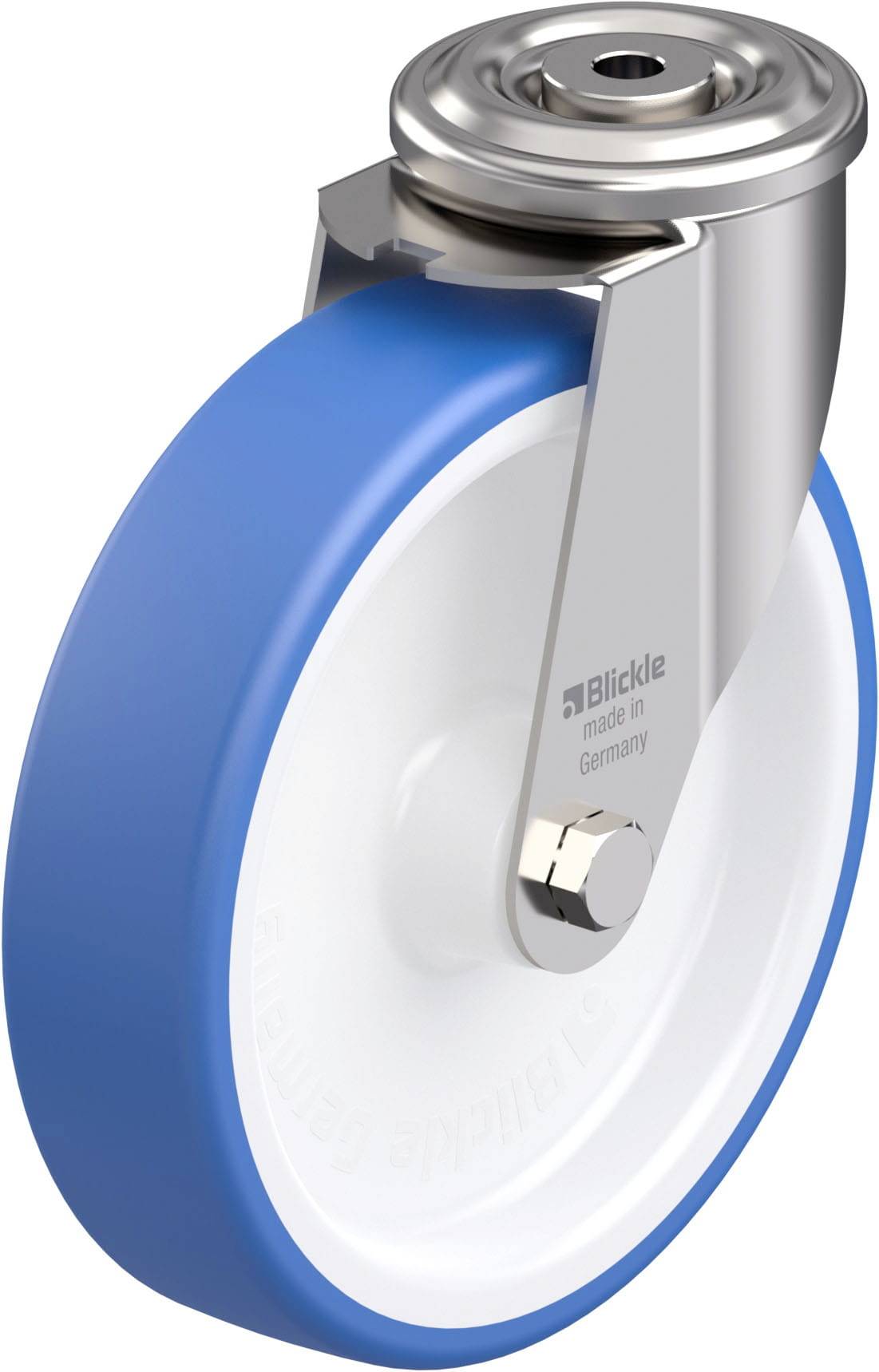 Industrie-Rolle mit blauem Rad und silberner Halterung, hergestellt in Deutschland von 'Blickle'.