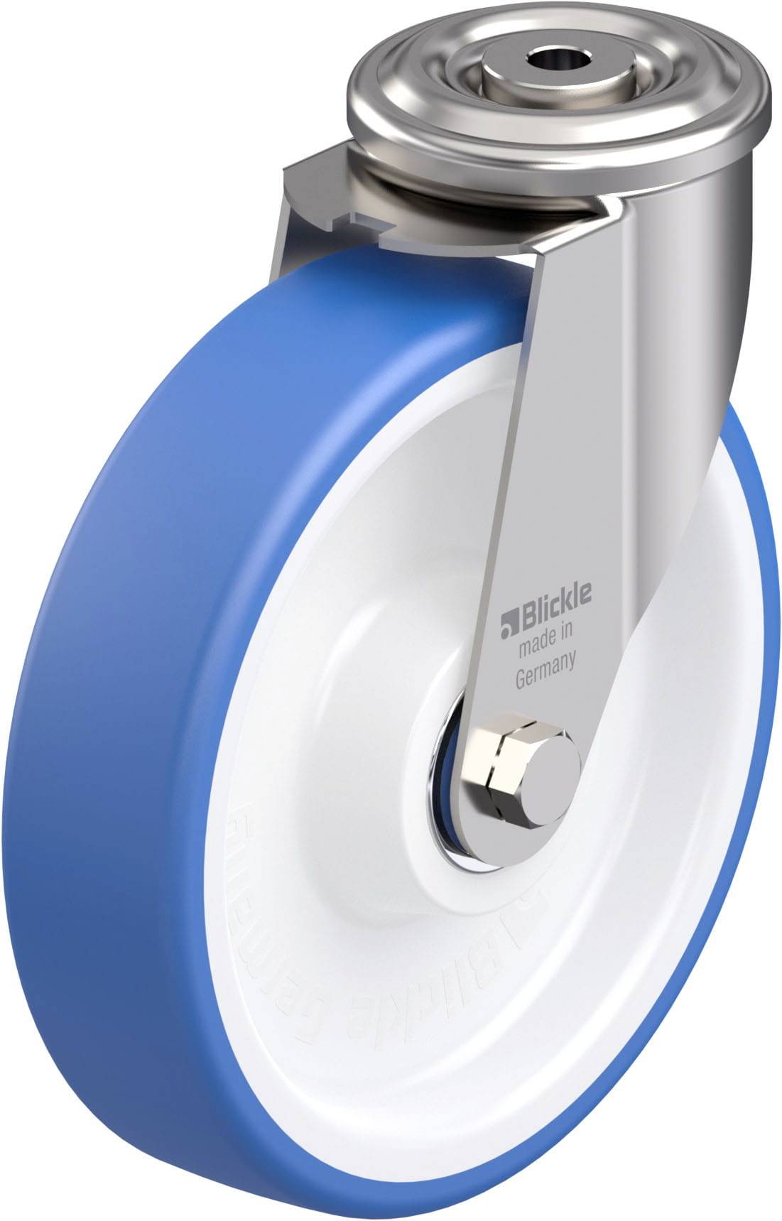 Blau-weiße Rolle mit silbernem Metallgehäuse für Möbel oder Wagen. Markiert mit 'Blickle, made in Germany'.