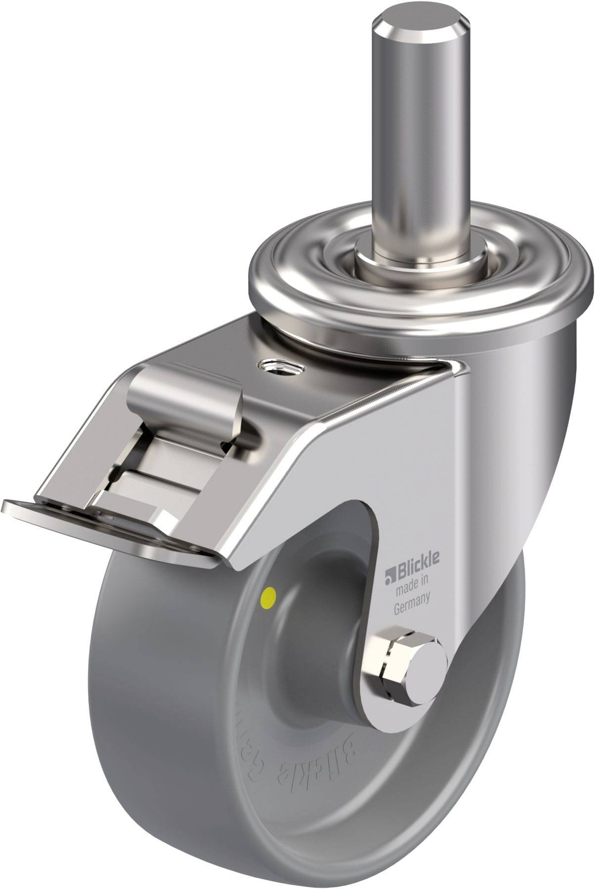 Schwenkrolle aus Metall mit Bremse, geeignet für leichte bis mittlere Belastungen. Silbernes Finish, robuste Konstruktion.