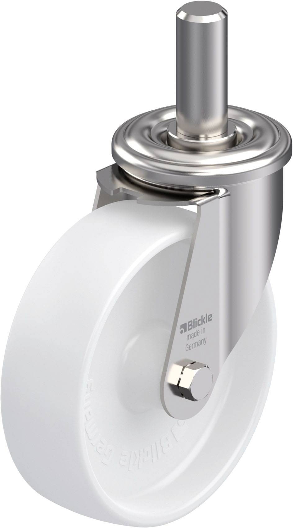 Metallenes Lenkrolle mit weißem Rad, geeignet für Möbel oder Transportgeräte. Markiert mit 'Blickle'.