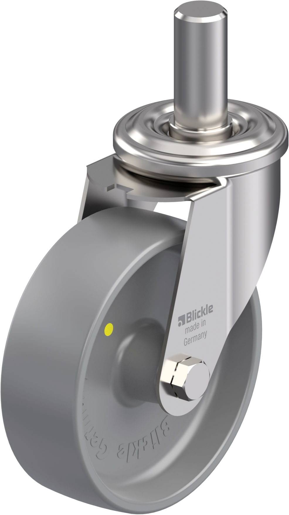 Graue Lenkrolle mit Metallgehäuse und zylindrischem Bolzen, geeignet für industrielle Anwendungen.