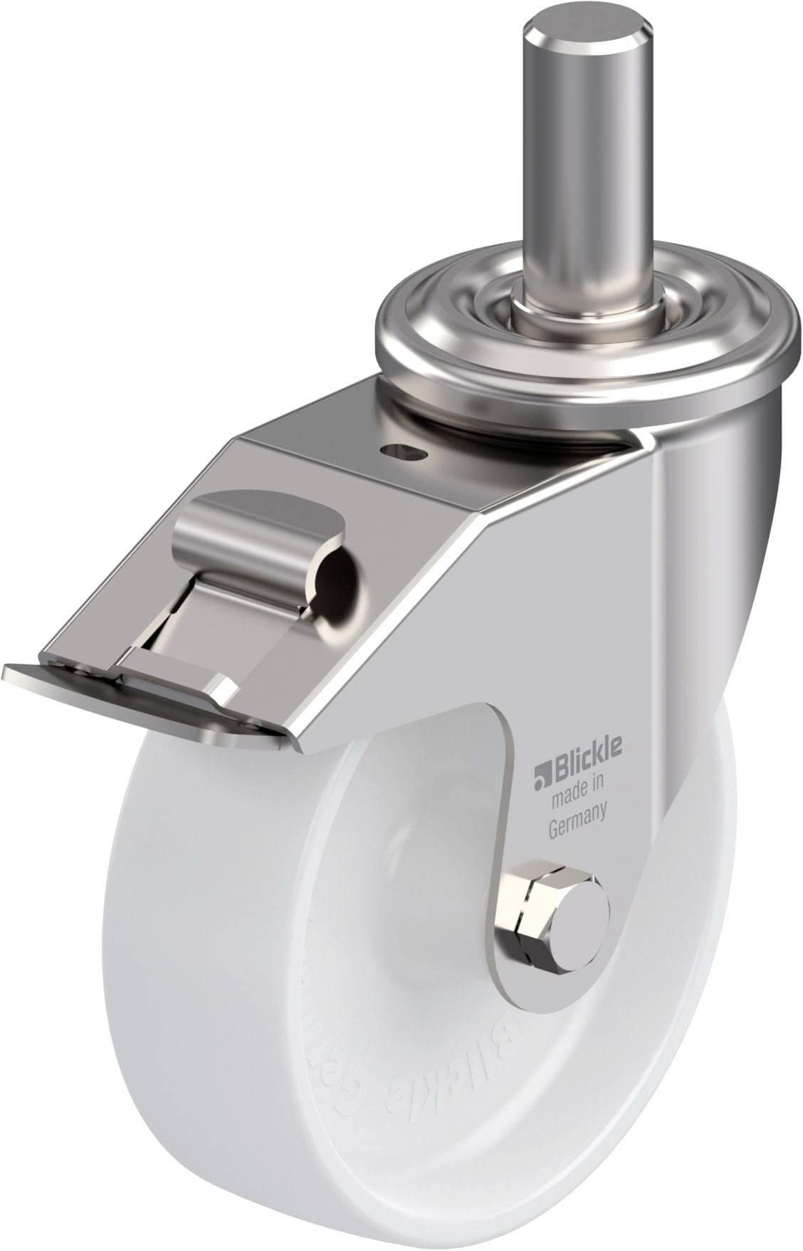 Rolle mit weißem Rad und silbernem Metallgehäuse, seitlich ein Hebel. Große, robuste Bauweise, geeignet für schwere Lasten.