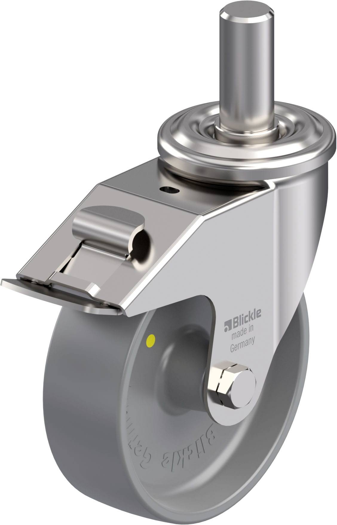 Grau-silberne Lenkrolle aus Metall mit Bremse, geeignet für Möbel- oder Gerätebewegung. Markiert mit 'Blickle made in Germany'.