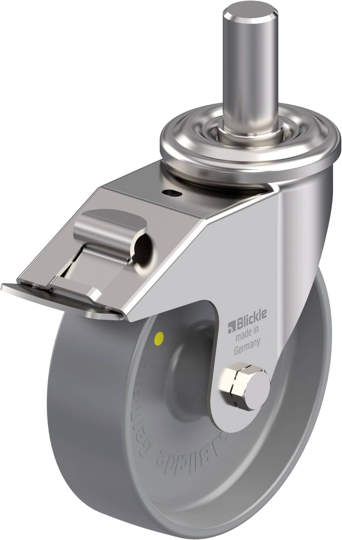 Metallisches Lenkrollenrad mit Bremse und silbernem Gehäuse, geeignet für industrielle Anwendungen. Aufschrift 'Blickle made in Germany'.
