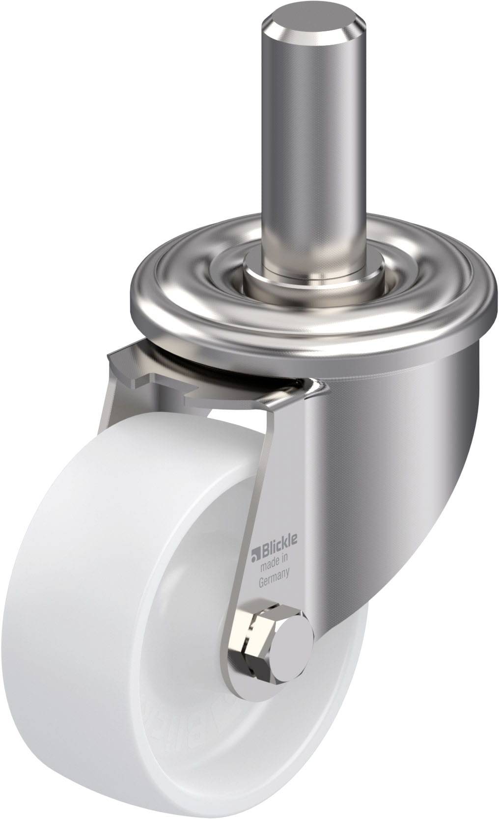 Metallrolle mit weißem Kunststoffrad, geeignet für Möbel oder Geräte. Drehbar, mit robustem Gehäuse für leichte Bewegung und Stabilität.