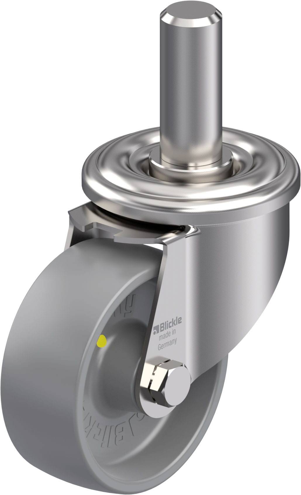 Industrie-Lenkrolle aus Metall mit grauem Gummirad und Lager, ideal für Möbel oder Geräte. Sie bietet einfache Manövrierbarkeit.
