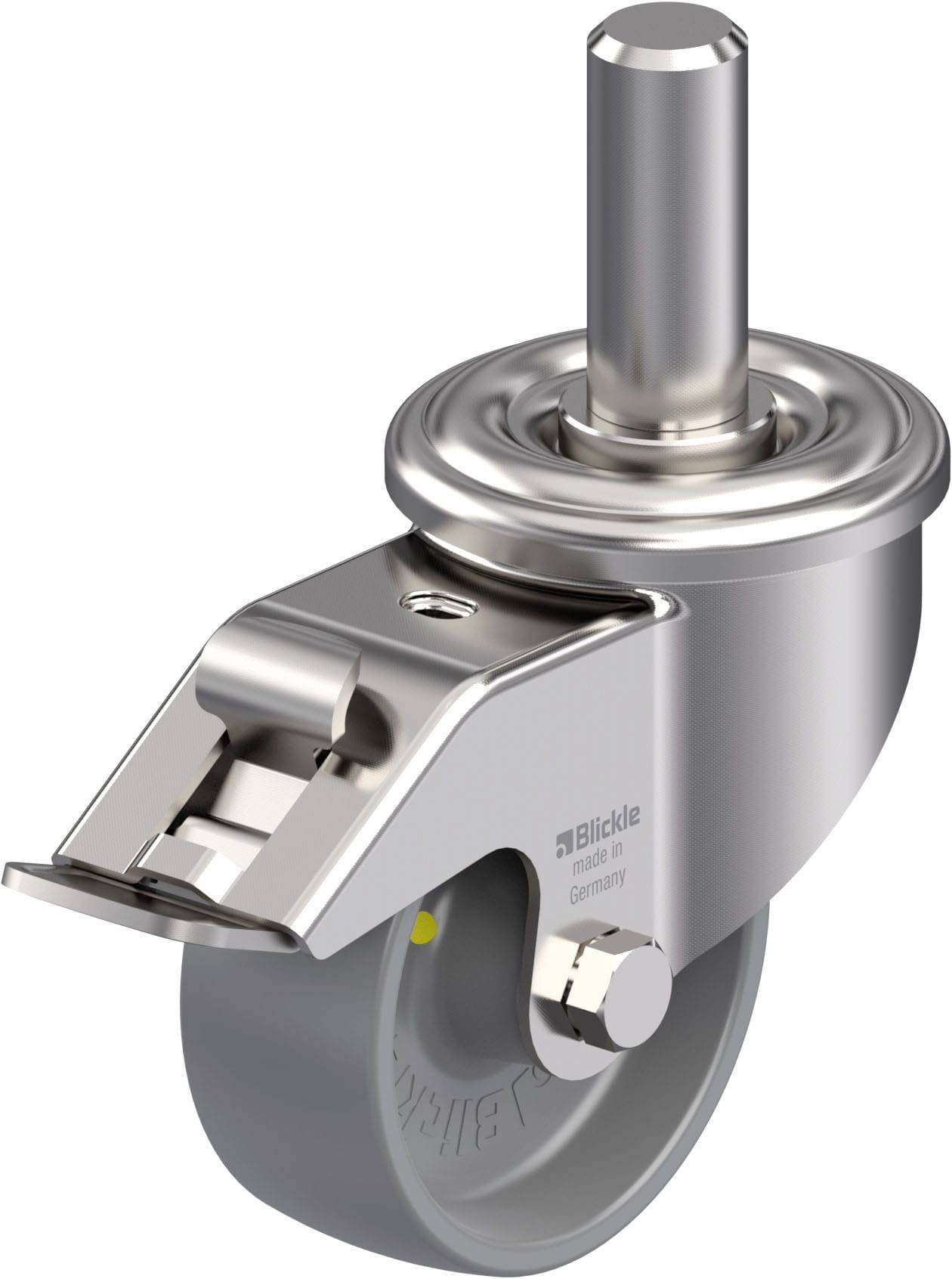 Ein silbernes Doppelrad mit Befestigungsstift, geeignet für Möbel oder Industrieanwendungen, auf weißem Hintergrund.