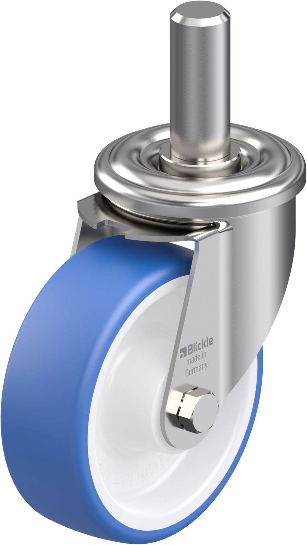 Ein blaues Rad mit Metallrahmen, ideal für leichte Transportwagen. Aus robustem Material für optimale Manövrierfähigkeit und Haltbarkeit.