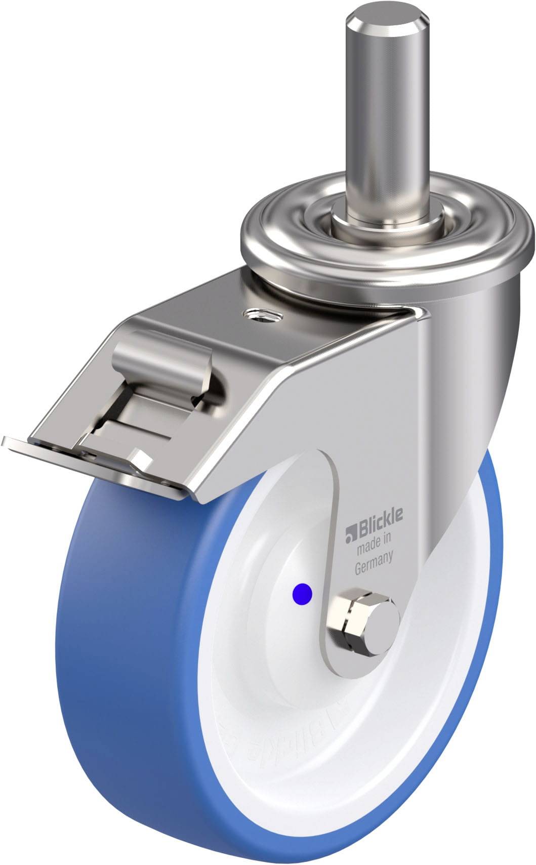Transportrolle aus Metall mit blauer Bereifung, die um 360 Grad schwenkbar ist; geeignet für Einkaufskarren und Möbel.