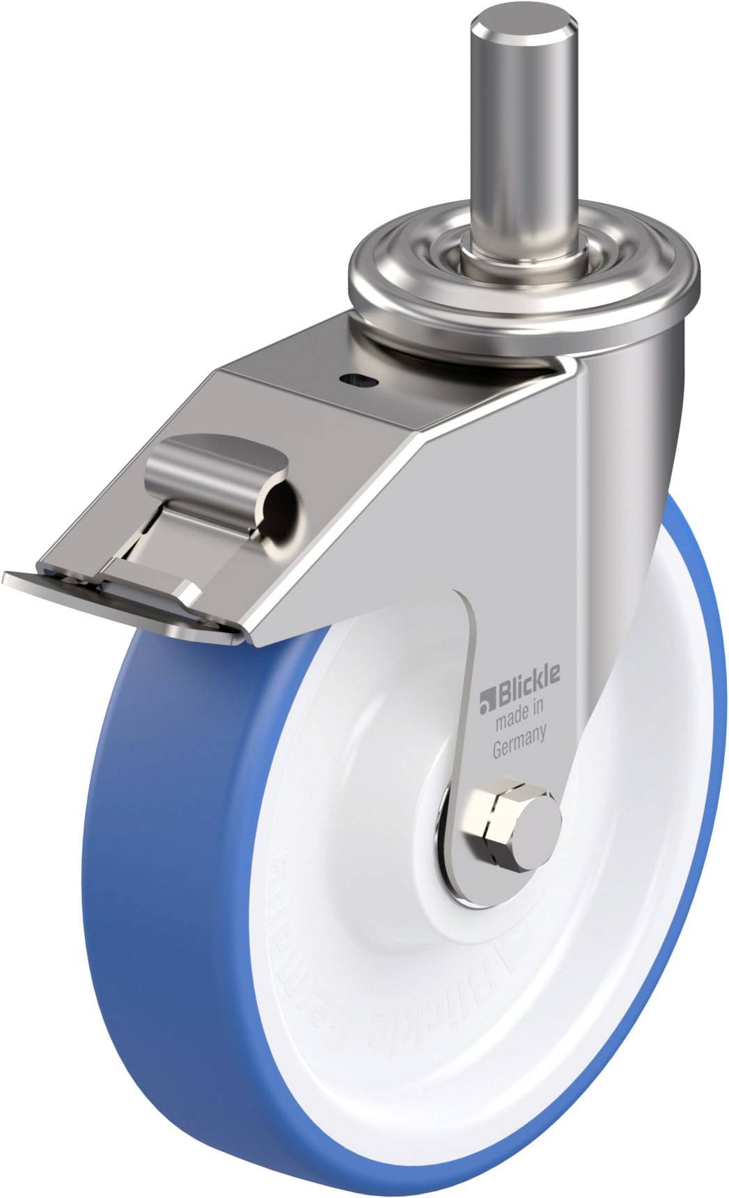 Ein blau-weiße Lenkrolle mit Bremse und Metallgehäuse. Geeignet für Transportwagen, zeigt Stabilität und Wendigkeit.