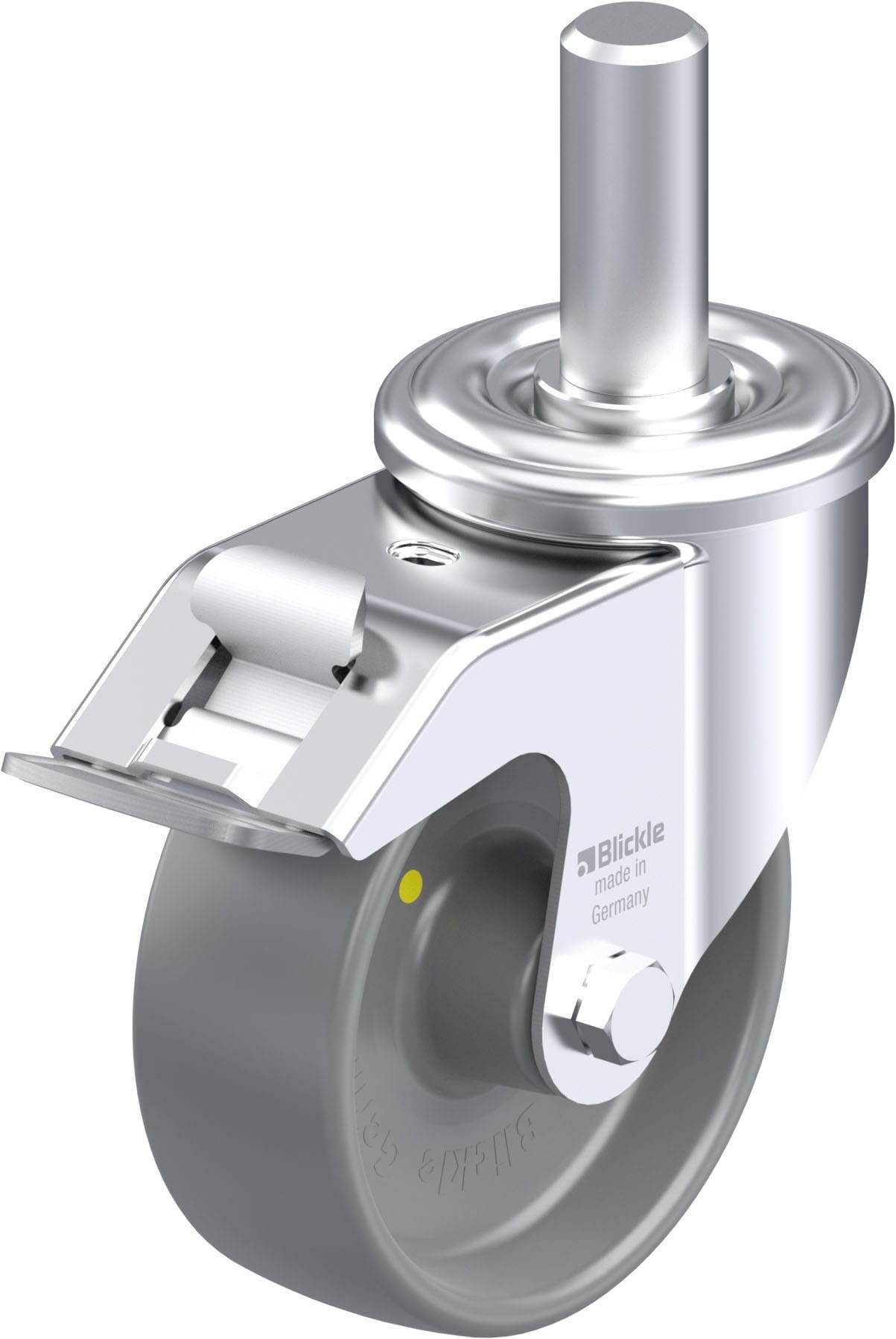 Eine graue Bockrolle mit Metallschaft und Gabel für den Anbau an Möbel; Herstellername 'Blickle' auf der Rolle.