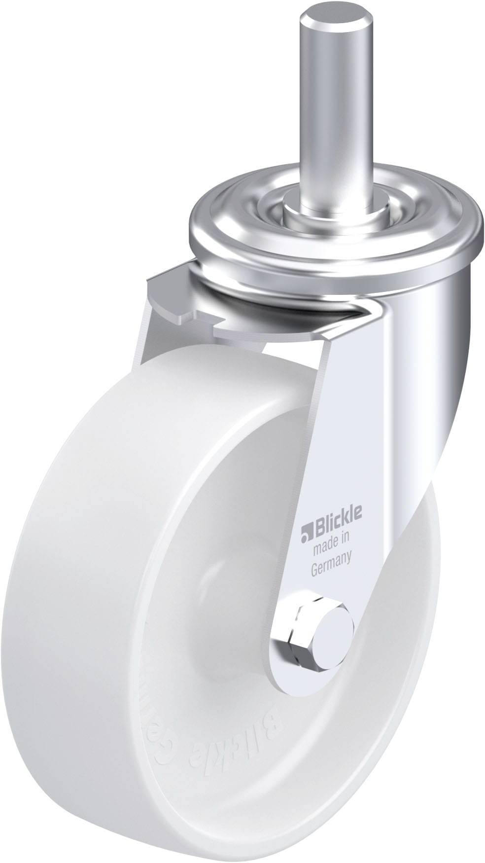 Metallrad mit weißem Kunststoff-Rad; Aufdruck 'Blickle made in Germany'.