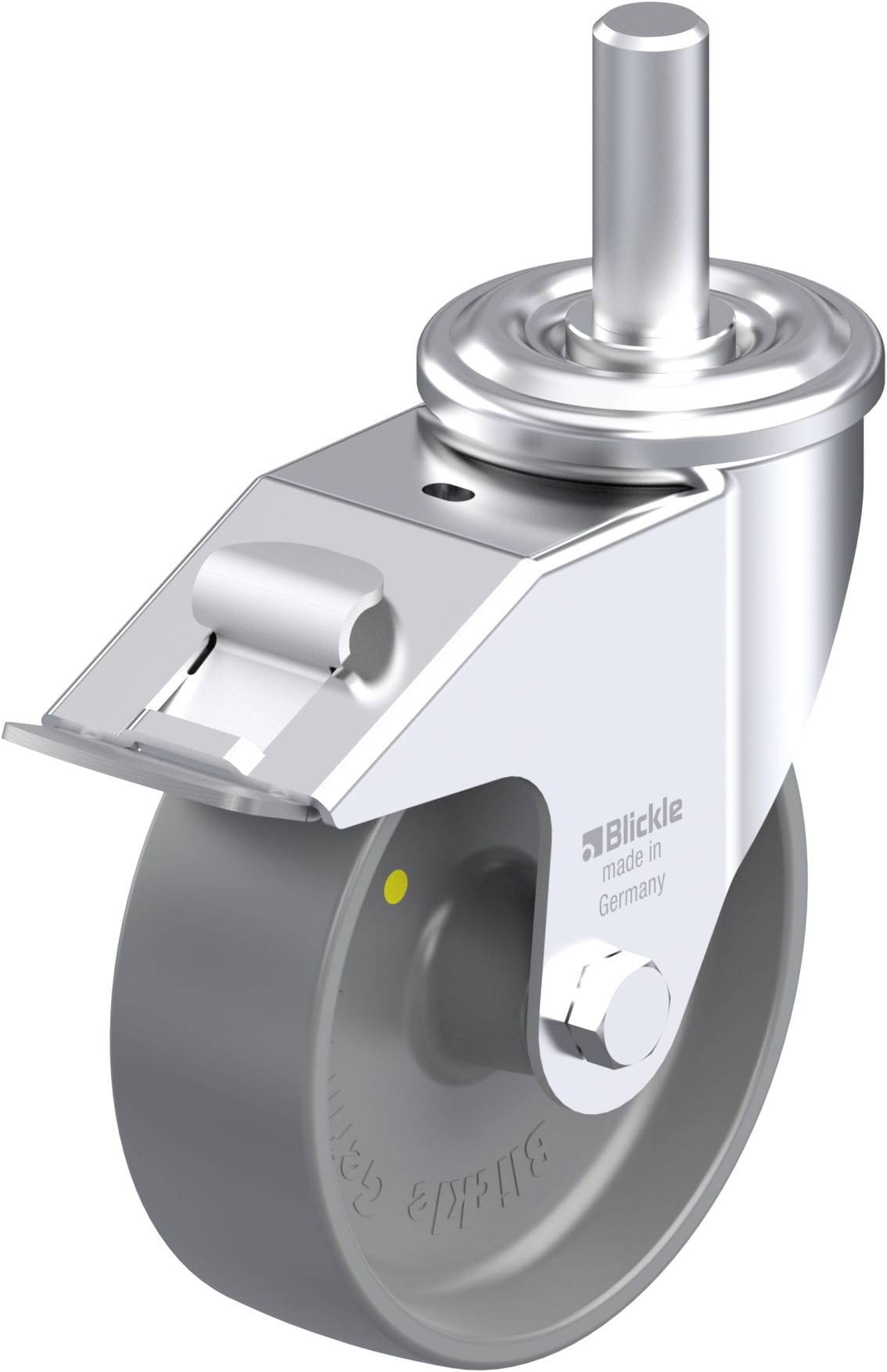 Einzelnes graues Lenkrolle mit Metallgehäuse und Drehgelenk. Auf dem Gehäuse steht 'Blickle made in Germany'.