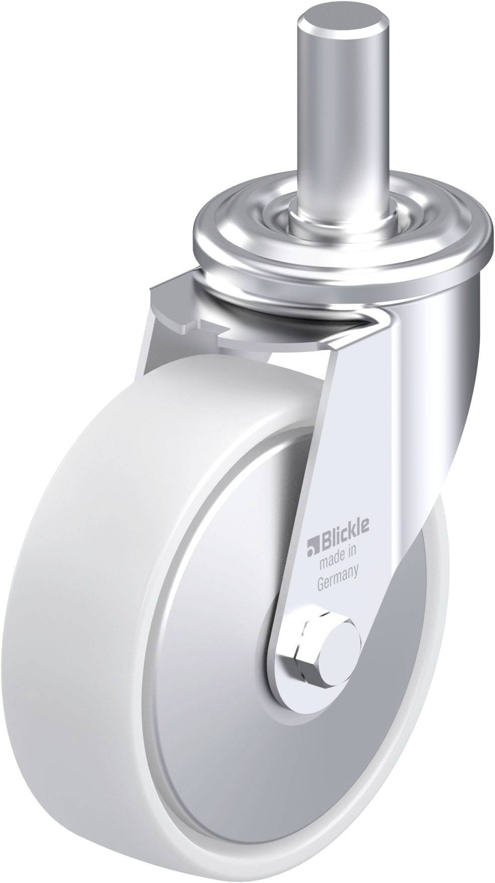 Graue Lenkkrolle mit Metallgehäuse und Halterung. Auf der Seite steht 'Blickle made in Germany'.