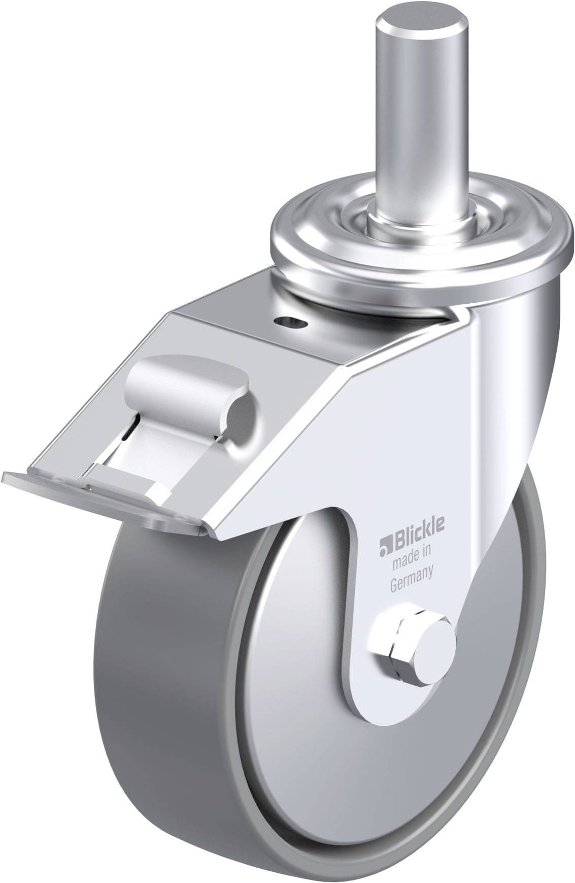 Schwenkrolle aus Metall mit grauem Rad und Befestigungsstift, geeignet für Möbel oder Geräte. Herstellername auf der Metallhalterung.
