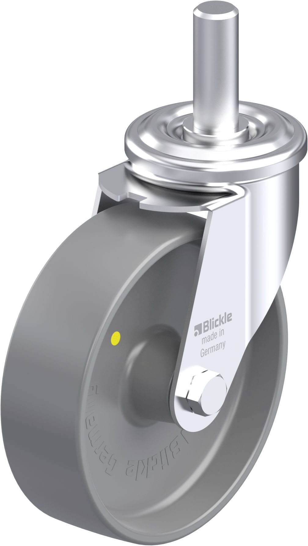 Schwenkrolle mit grauem Rad und Metallgehäuse. Aufschrift 'Blickle made in Germany'. Verwendet für Möbel oder Transportgeräte.