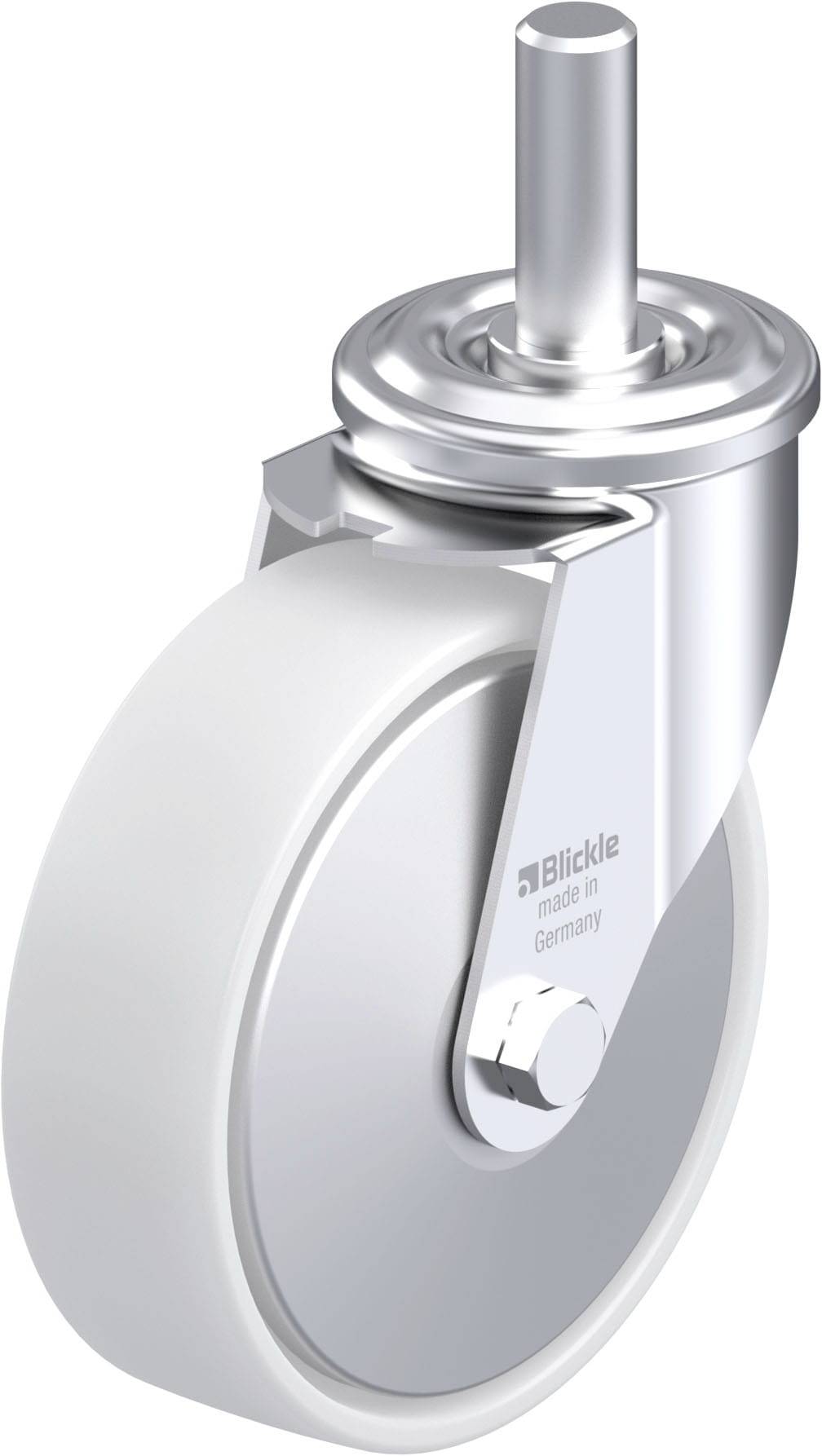 Rolle mit grauem Rad und metallischer Halterung von 'Blickle, made in Germany'. Eignet sich für Möbel oder Gerätebewegung.