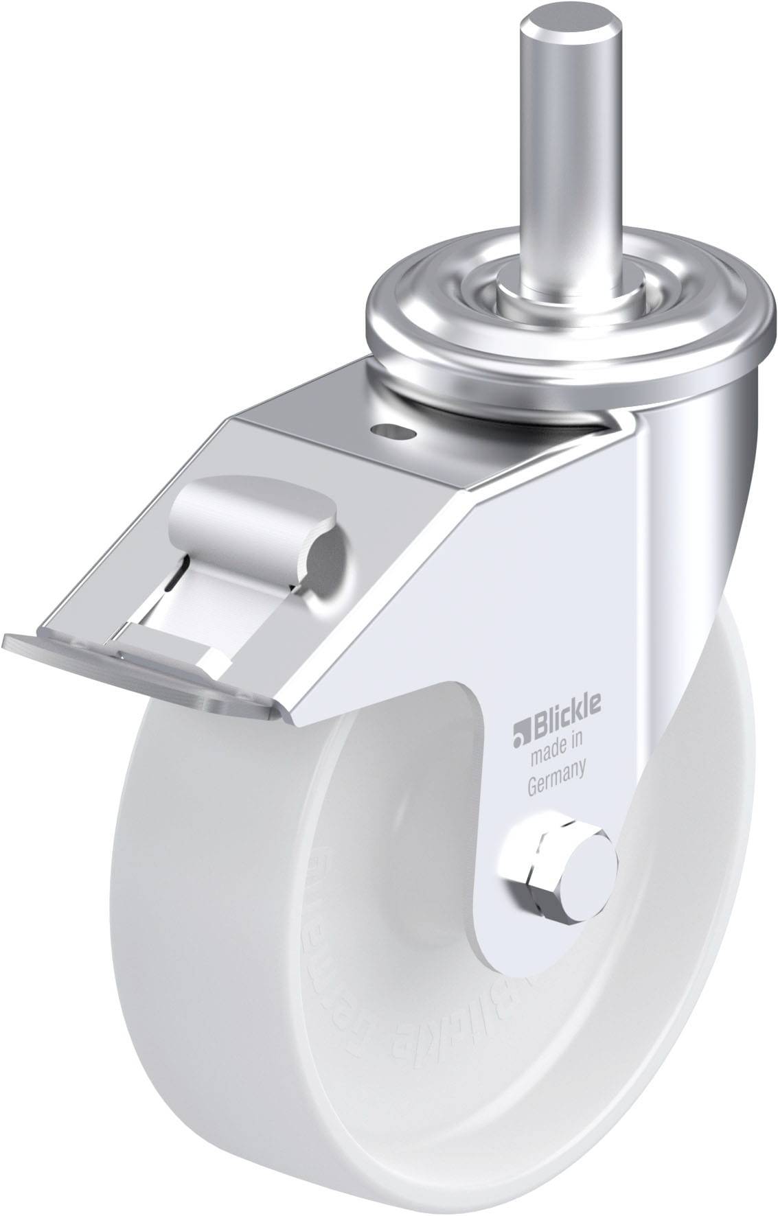 Metallische Lenkrolle mit weißem Rad, seitlicher Bremse und Kugellager; geeignet für industrielle Anwendungen.