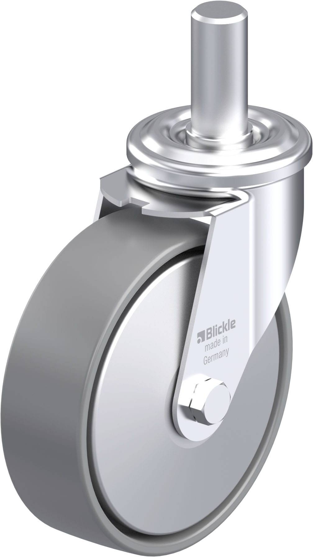 Schwenkrolle mit grauem Rad, Metallgehäuse und Befestigungsstift. Inschrift auf Platte: 'Blickle made in Germany'.