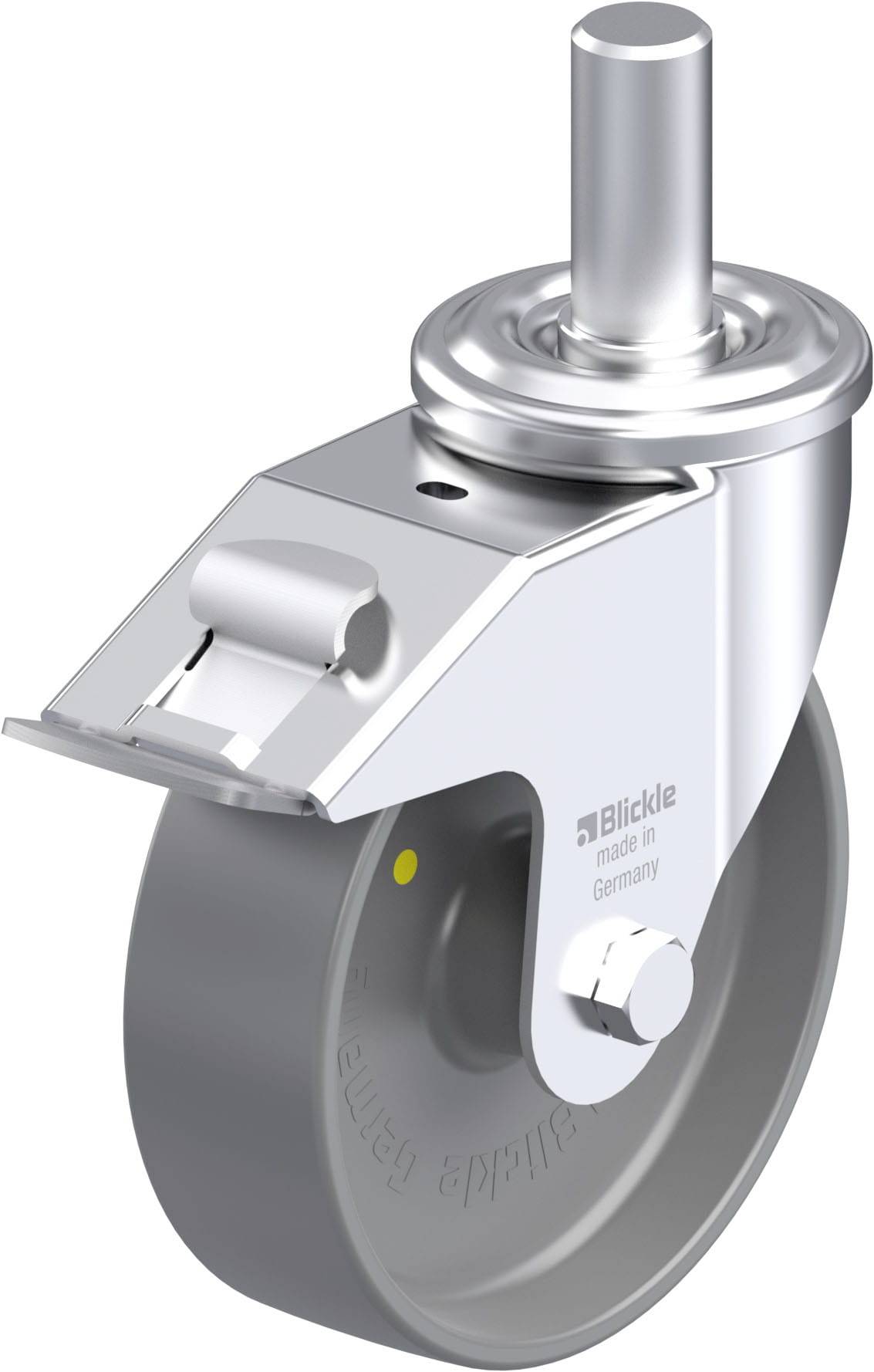 Industrie-Rolle aus Metall und Gummi mit Befestigungsstift oben, geeignet für Schwerlastanwendungen, Markenaufdruck seitlich.