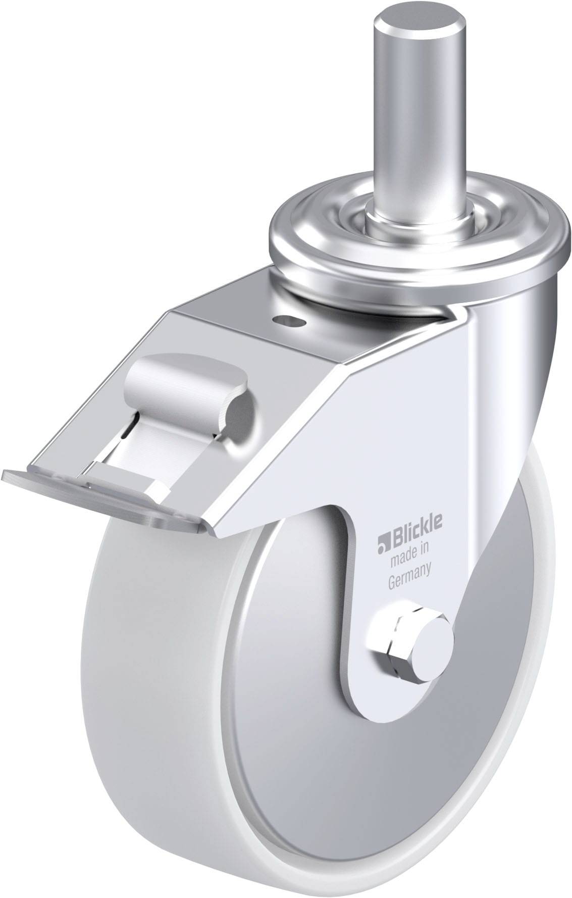 Schwenkrolle aus Metall mit weißem Rad. Sichtbar ist eine Aufschrift 'Blickle made in Germany'.