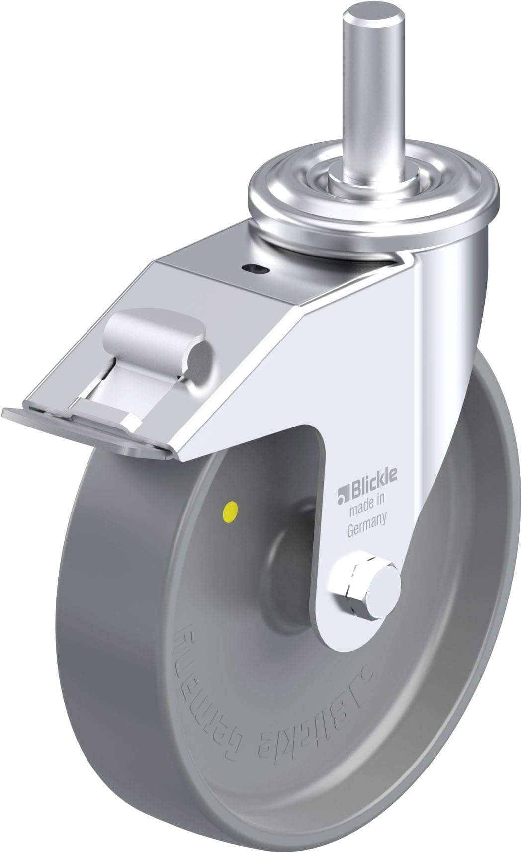 Ein einzelnes, drehbares Industrieverbindungsrad aus Metall und Gummi, geeignet für schwere Lasten und hergestellt in Deutschland.