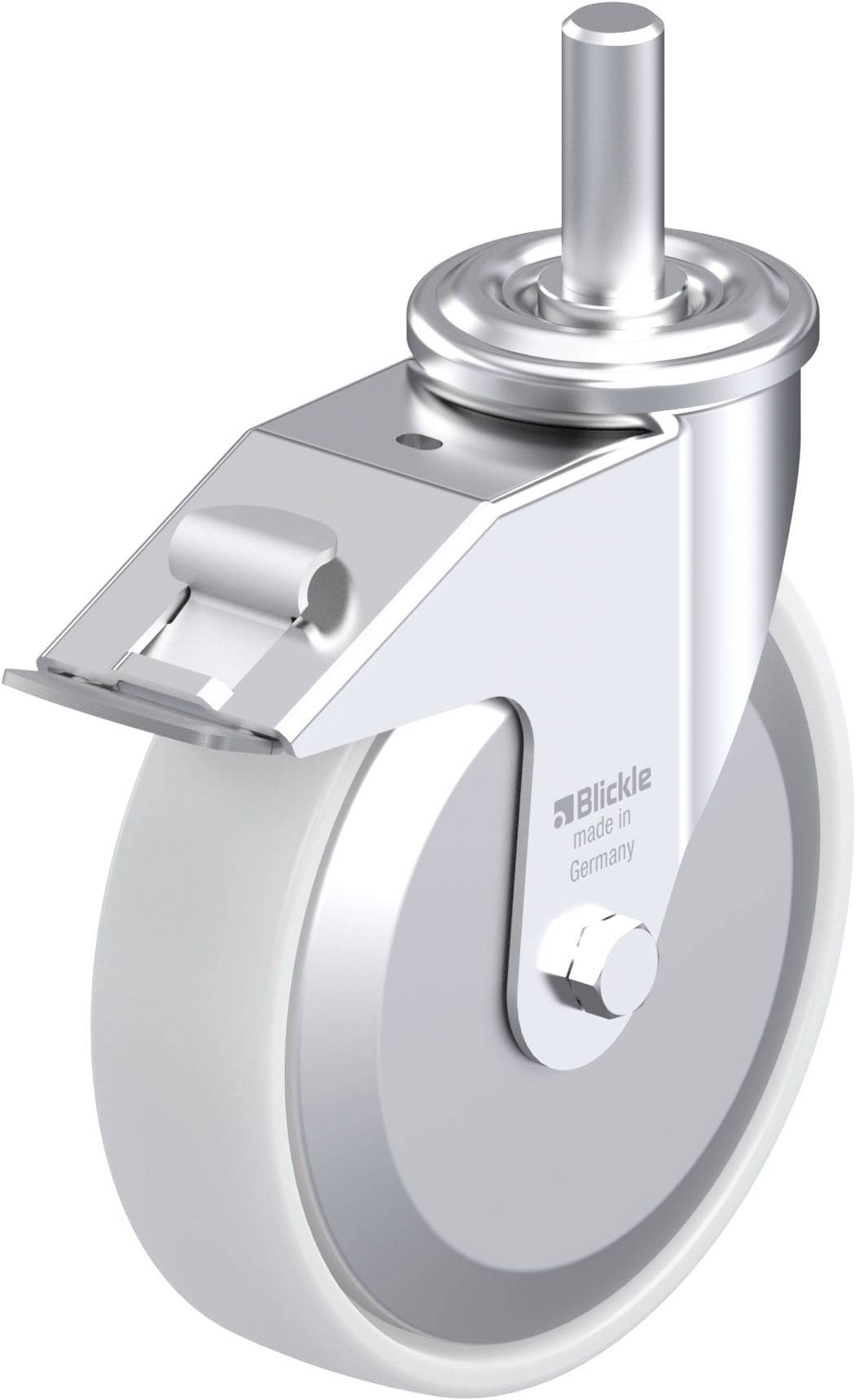 Schwenkrolle aus Edelstahl mit grauem Rad und Stiftbefestigung, geeignet für hygienische Anwendungen, Markenaufschrift 'Blickle'.