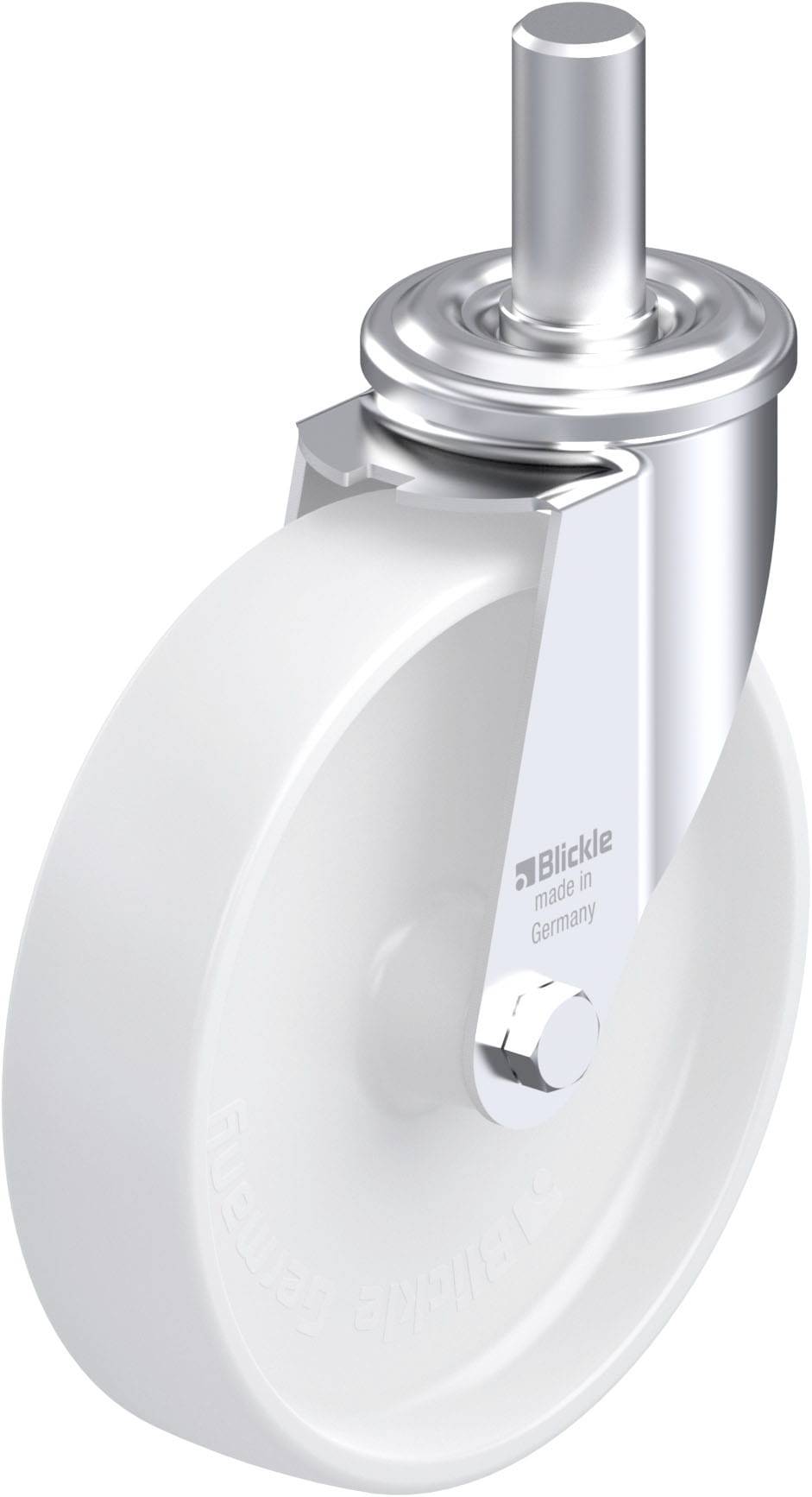 Ein weißes Laufrollenrad mit einer glänzenden Metallhalterung. Text auf dem Rad: 'Blickle made in Germany'.