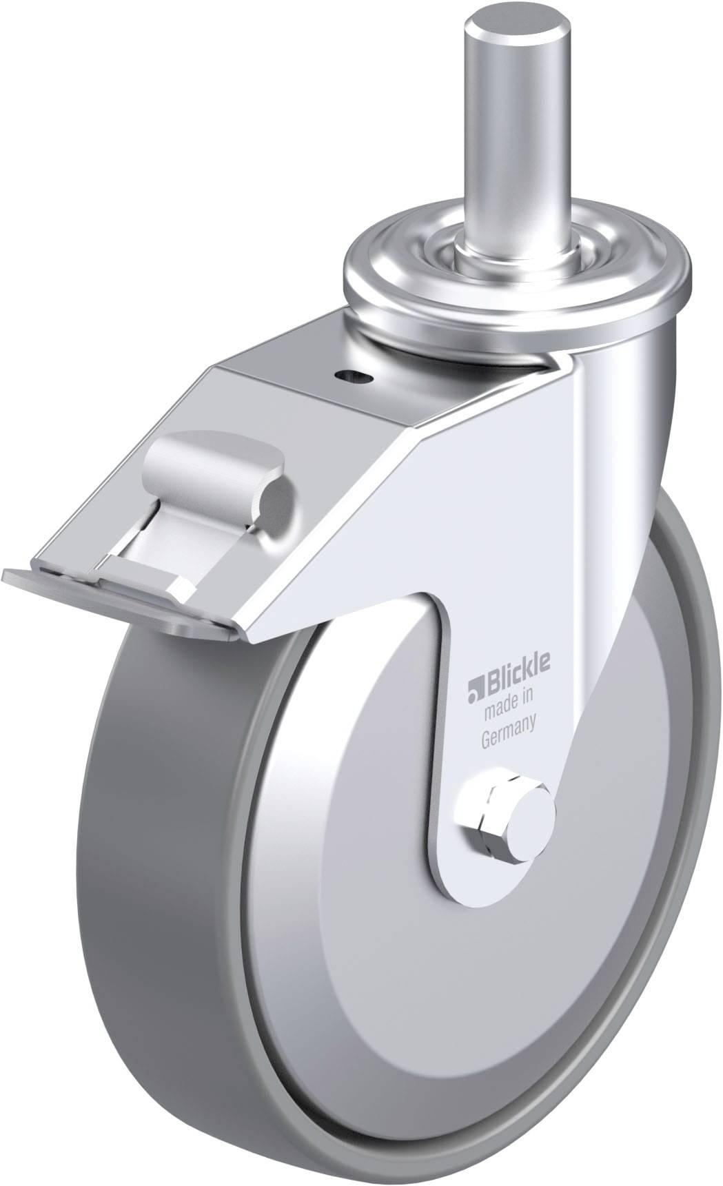 Industrie-Rolle aus Metall mit glatter Oberfläche; Beschriftung 'Blickle made in Germany'. Erhältlich für Transportgeräte.