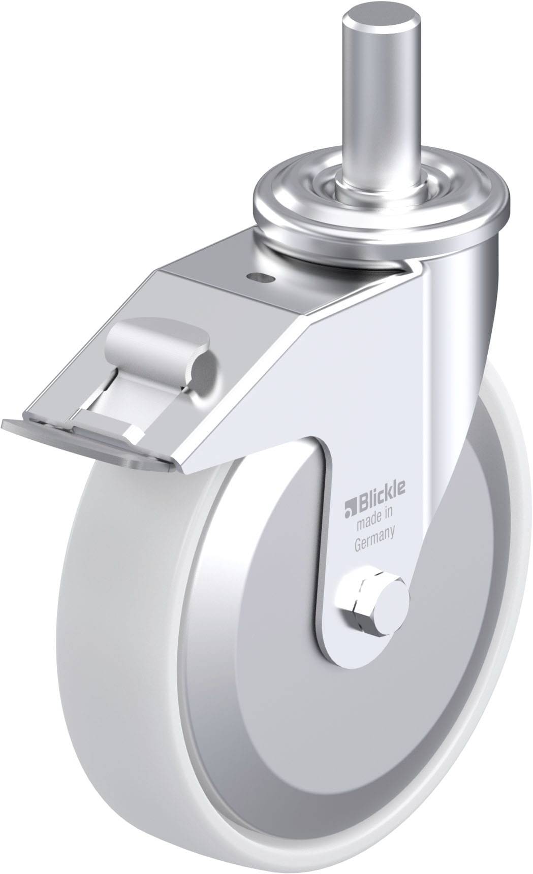 Industrie-Rollenrad aus Metall und Kunststoff, montiert auf einem silbernen Gehäuse, mit einem Stift zur Befestigung.