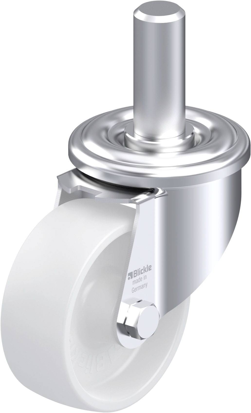 Ein weißes, schwenkbares Rad mit glänzendem Metallgehäuse, oft für Möbel oder Transportwagen verwendet.
