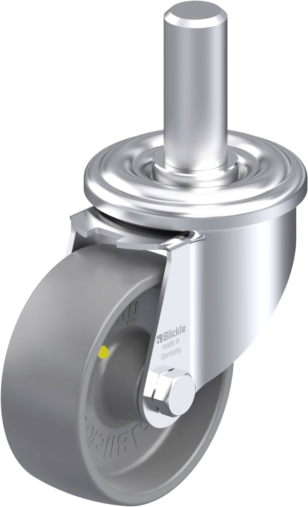 Eine silberne Bockrolle mit grauem Gummirad, zeigt die gebremste Metallhalterung und Drehachse. Geeignet für leichte bis mittlere Lasten.