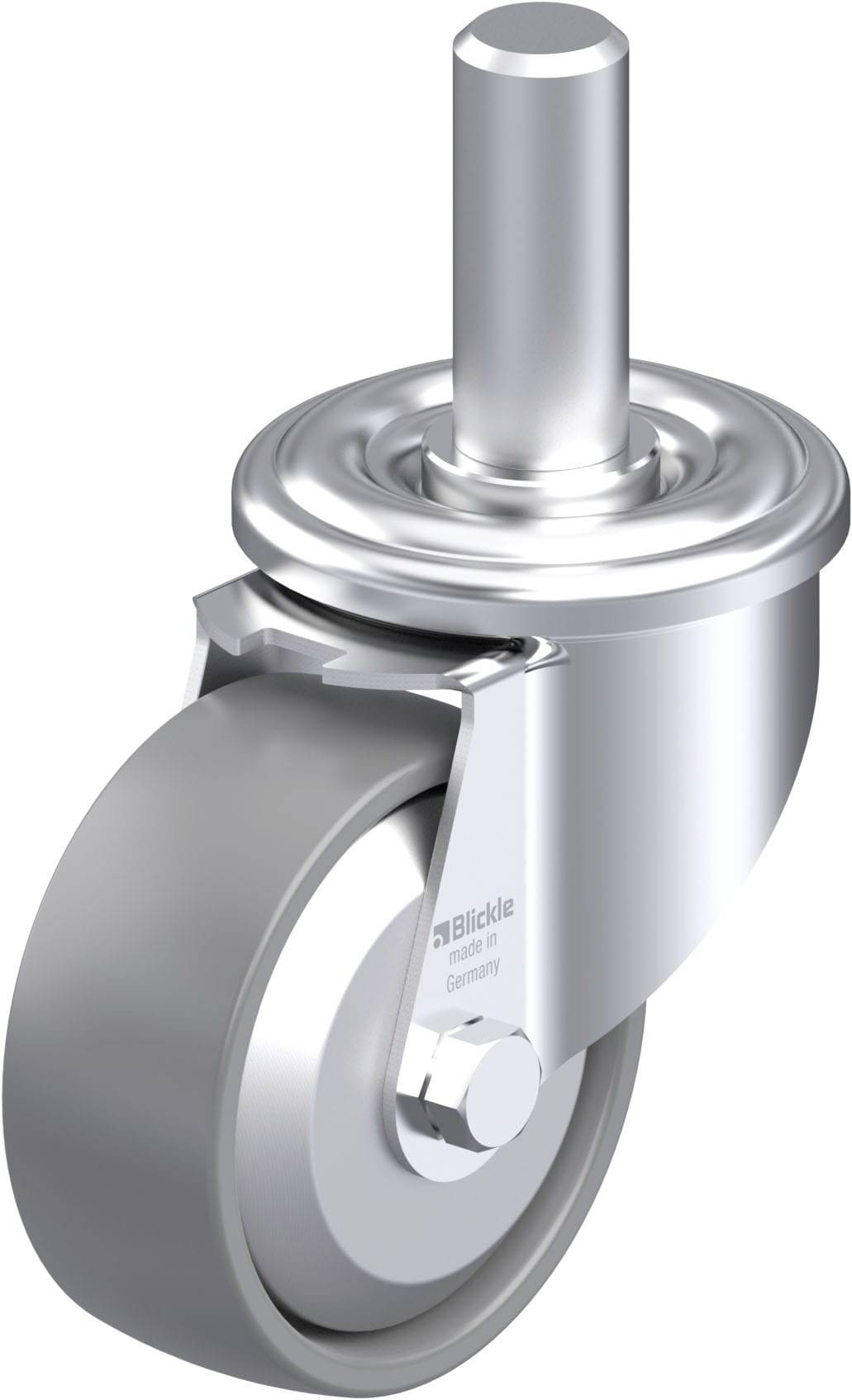 Drehbares Metall-Rollenrad mit grauer Gummioberfläche, geeignet für Möbel oder Transportgeräte. Edelstahlgehäuse und Montageplatte.