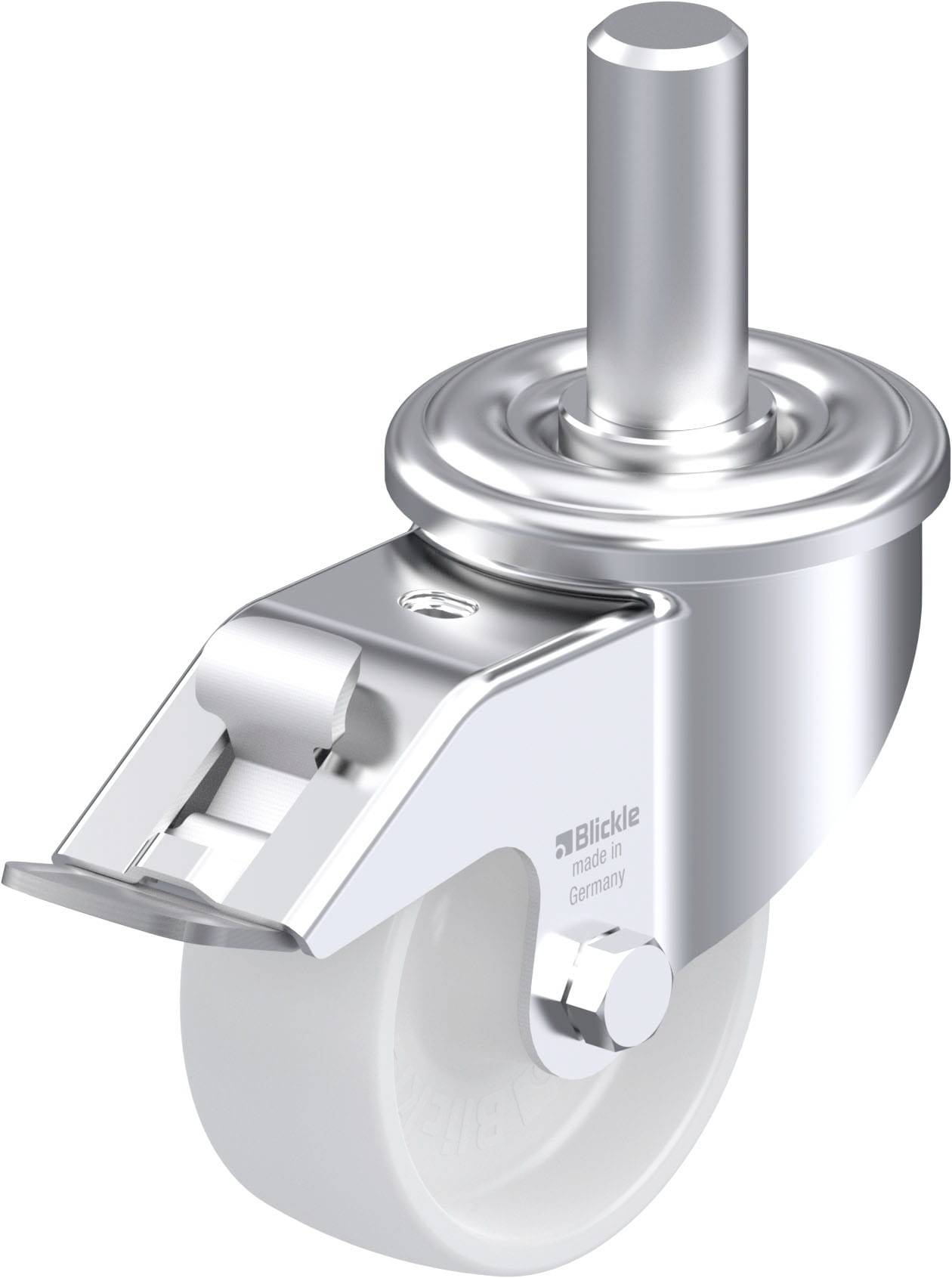 Ein silbernes Lenkrolle mit weißem Rad. Auf der Seite steht 'Blickle, Made in Germany'. Geeignet für Möbel oder Transportwagen.