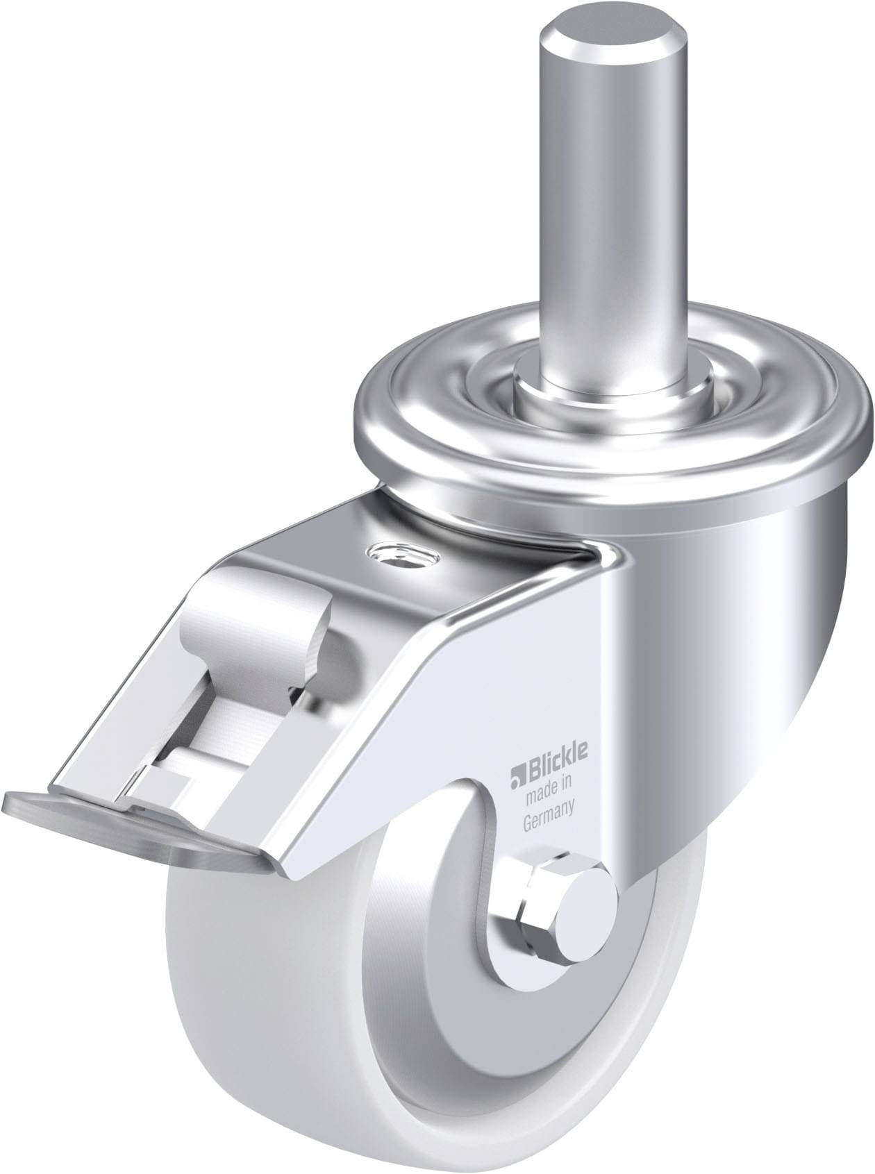 Rollenrad mit Metallgehäuse, zylindrischem Stift und grauem Rad, ideal für den Einsatz an Möbelstücken oder industriellen Geräten.