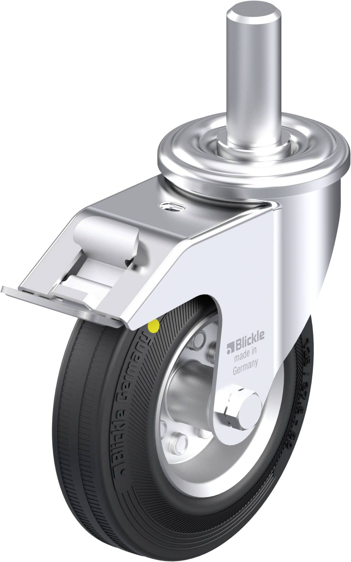 Industrielle Laufrolle aus Metall mit schwarzem Reifen. Sie hat eine Montageplatte und einen roten Punkt an der Felge.