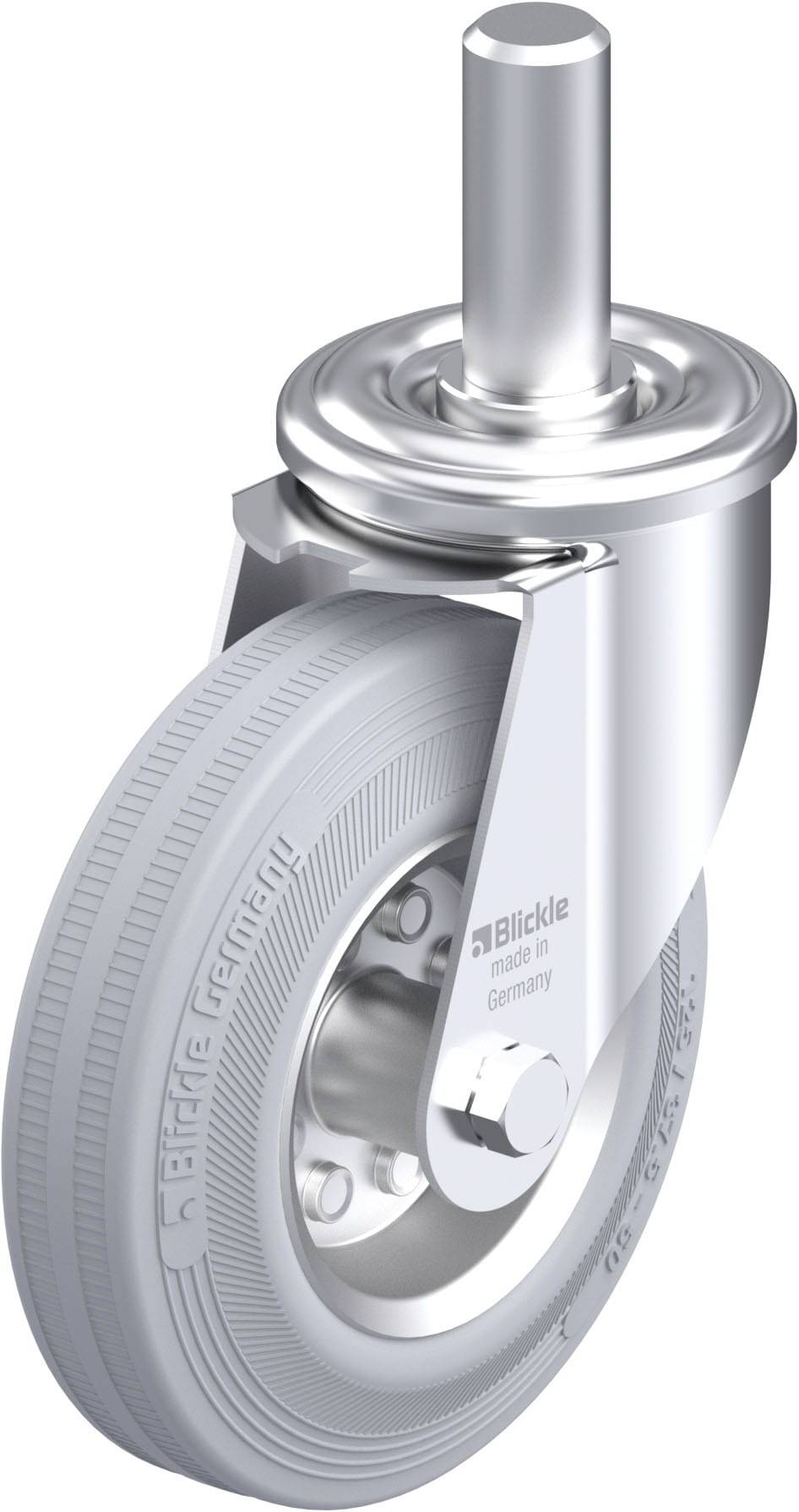 Grauer Lenkrolle mit Gabel und Stift zur Montage, geeignet für industrielle Anwendungen. Text auf dem Rad: 'Blickle made in Germany'.