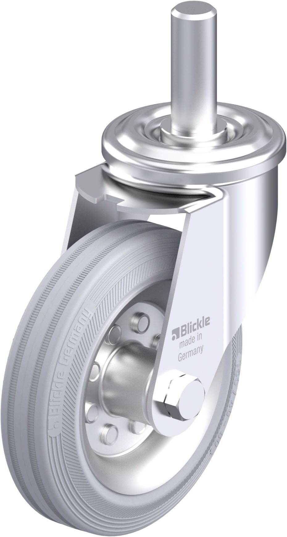 Industrielle Lenkrolle aus Metall und Gummi mit Aufschrift 'Blickle made in Germany' auf der Seite, montiert an einer Halterung.