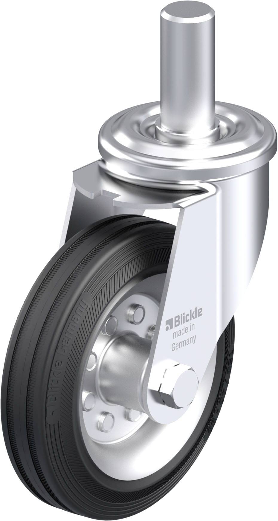 Industrie-Rollenrad in Metallfassung mit schwarzem Gummireifen und silbernem Gehäuse.