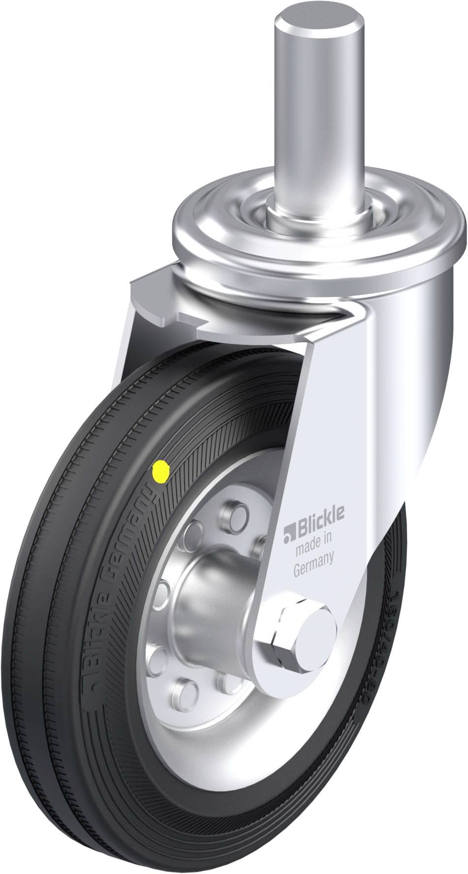 Rollenrad aus Metall und Gummi mit Befestigungsstange, Markierung 'Blickle made in Germany' auf der Halterung.
