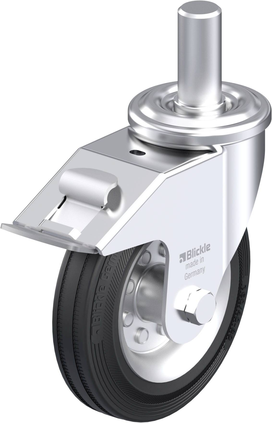 Schwenkrolle aus glänzendem Metall mit schwarzem Gummireifen, geeignet zur Befestigung an Möbeln oder Geräten.