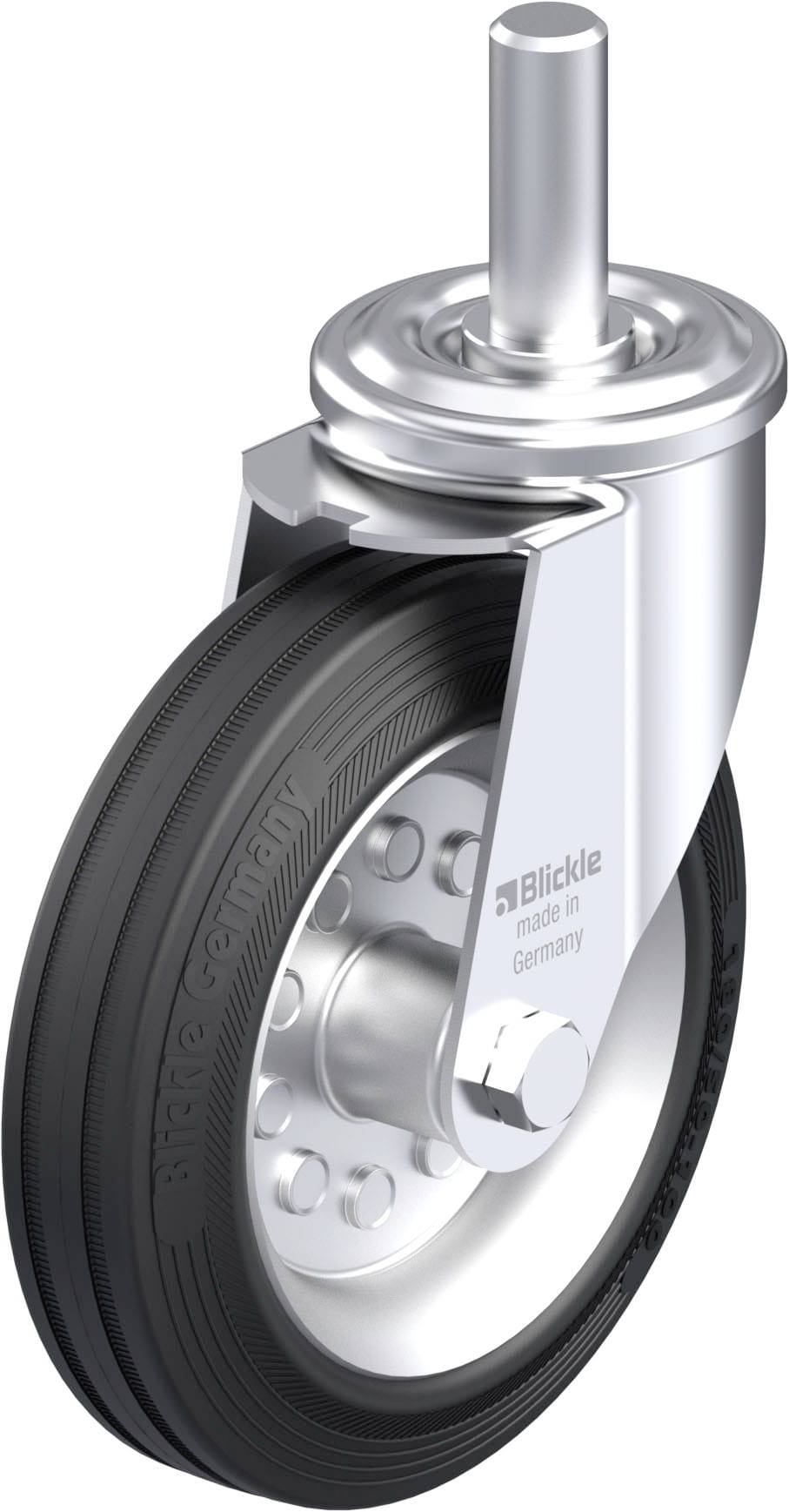 Schwenkrolle mit schwarzem Gummirad und silbernem Metallgehäuse, geeignet für Möbel oder Transportgeräte. Markenlogo 'Blickle'.