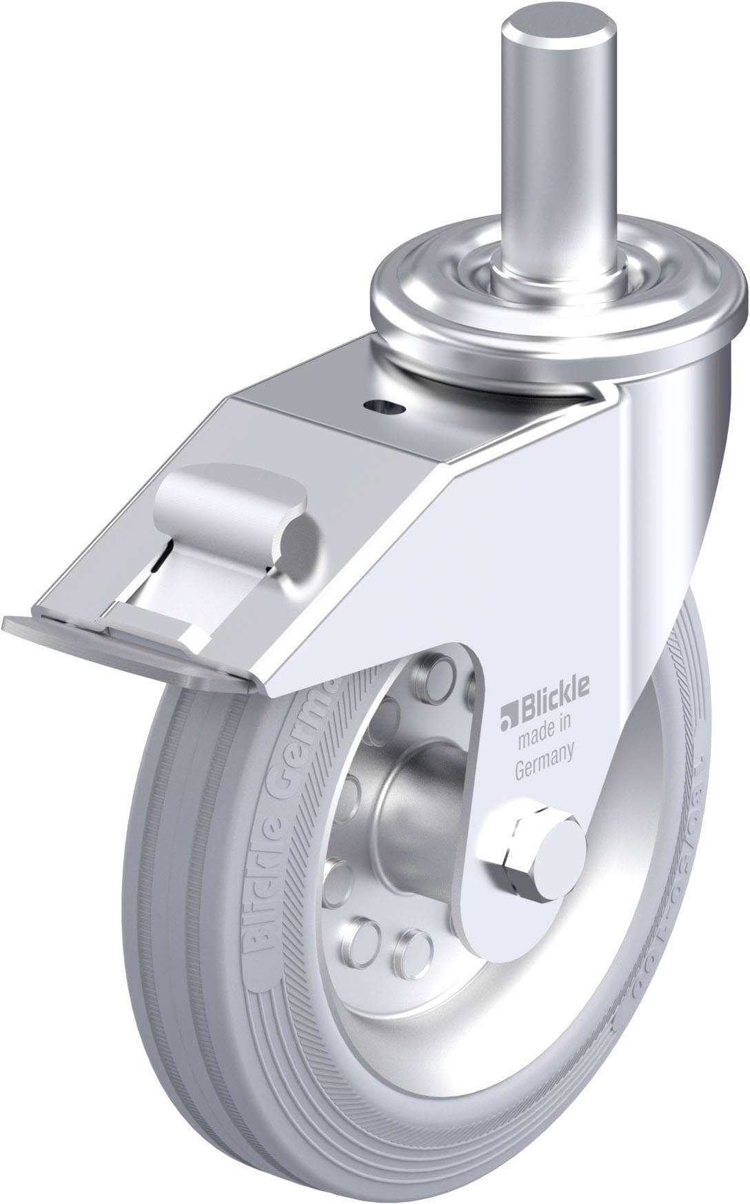 Schwenkrolle aus Metall mit grauem Rad, gebremstem Drehzapfen und Halteplatte, geeignet für industrielle Anwendungen.