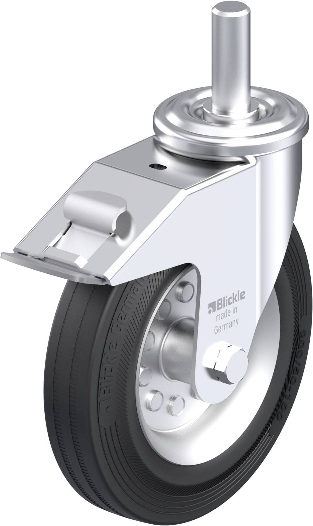 Industrie-Rolle mit schwarzem Gummirad und silbernem Metallgehäuse, seitlich montiert, geeignet für glatte Flächen.