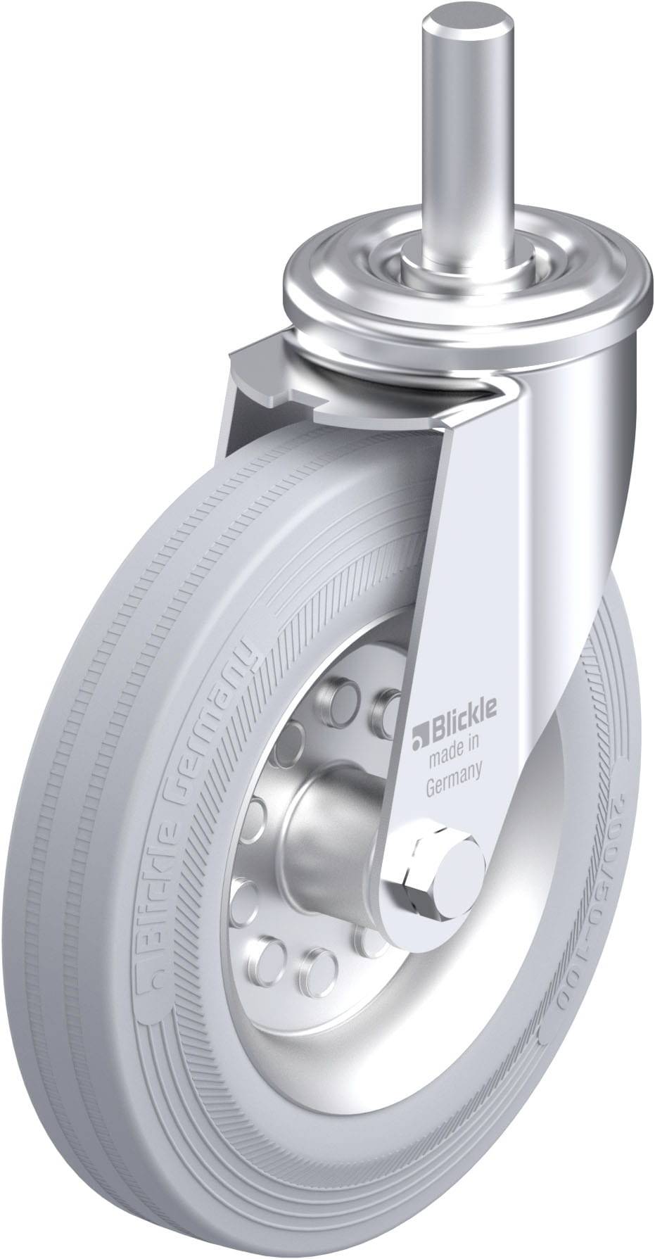 Lenkrolle aus Metall mit grauem Vollgummirad.