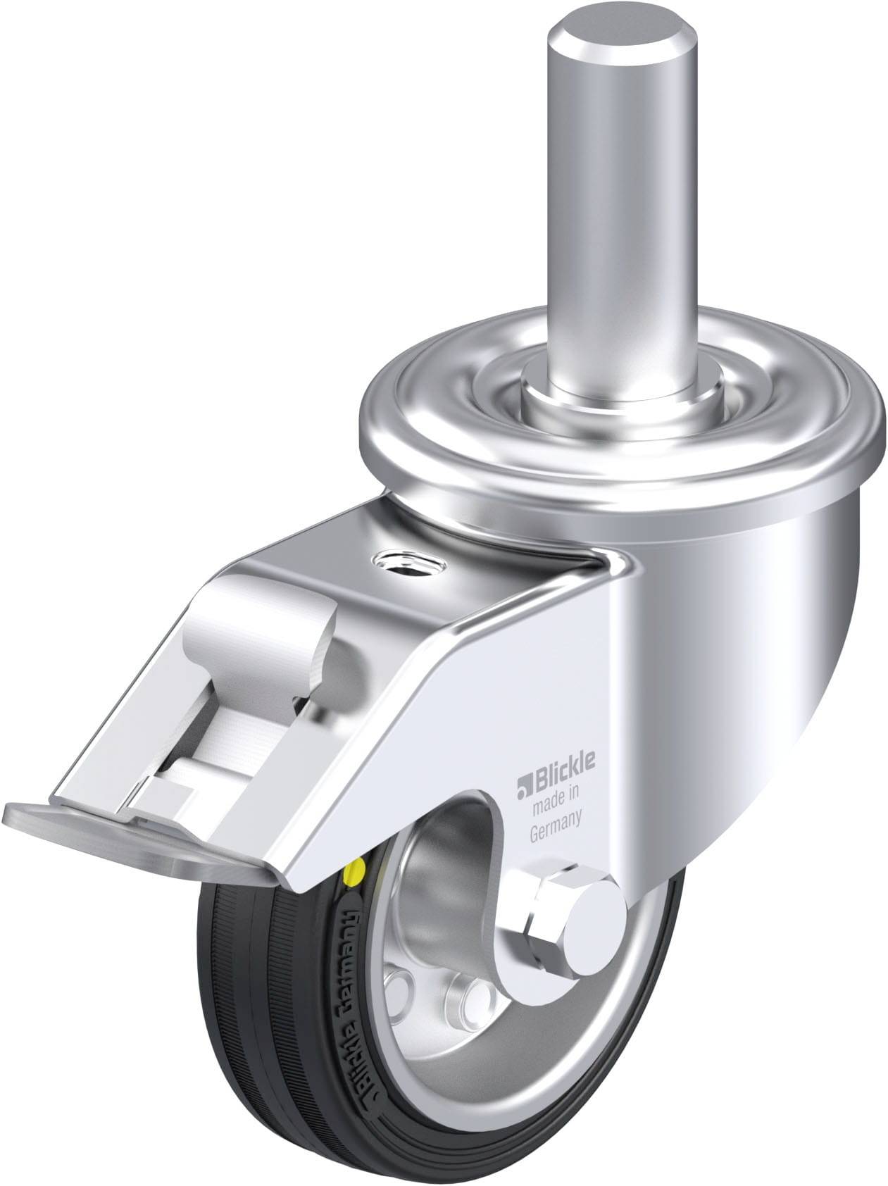 Metallrolle mit schwarzem Gummi, drehbar, zylindrischer Stift zum Befestigen, Aufschrift 'Blickle made in Germany'.