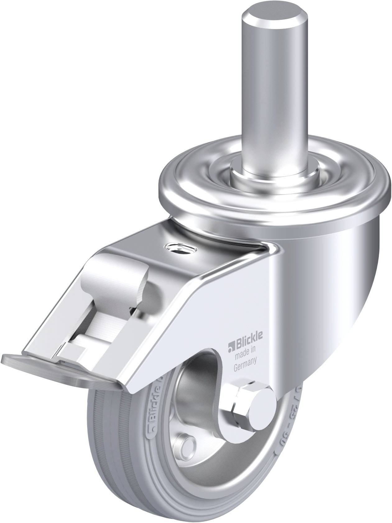 Metallisches Lenkrolle mit grauem, robustem Rad und Kugellager. Geeignet für robuste Anwendungen in industriellen Umgebungen.